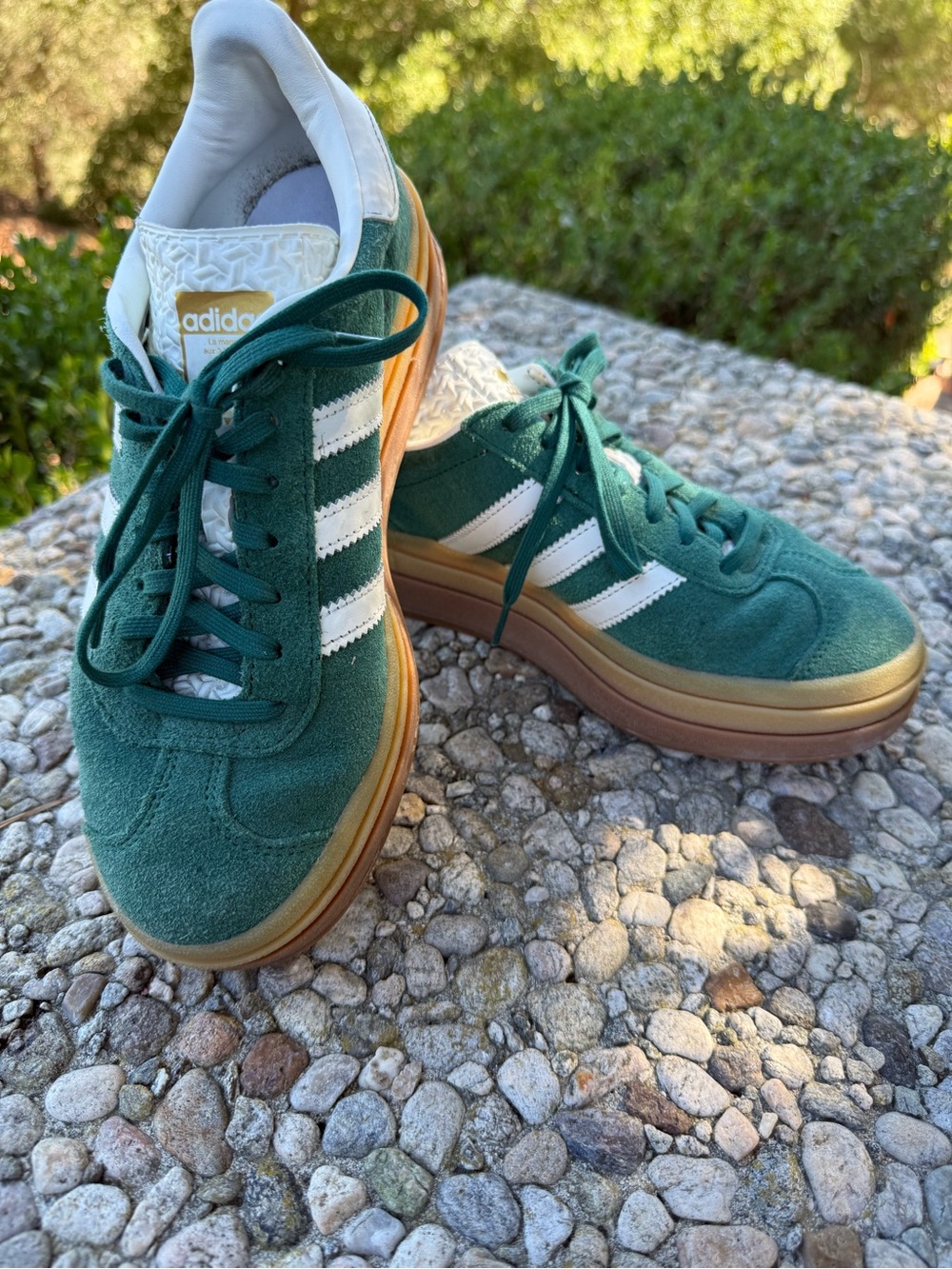 adidas Green Suede Platform Sneakers with White Stripes